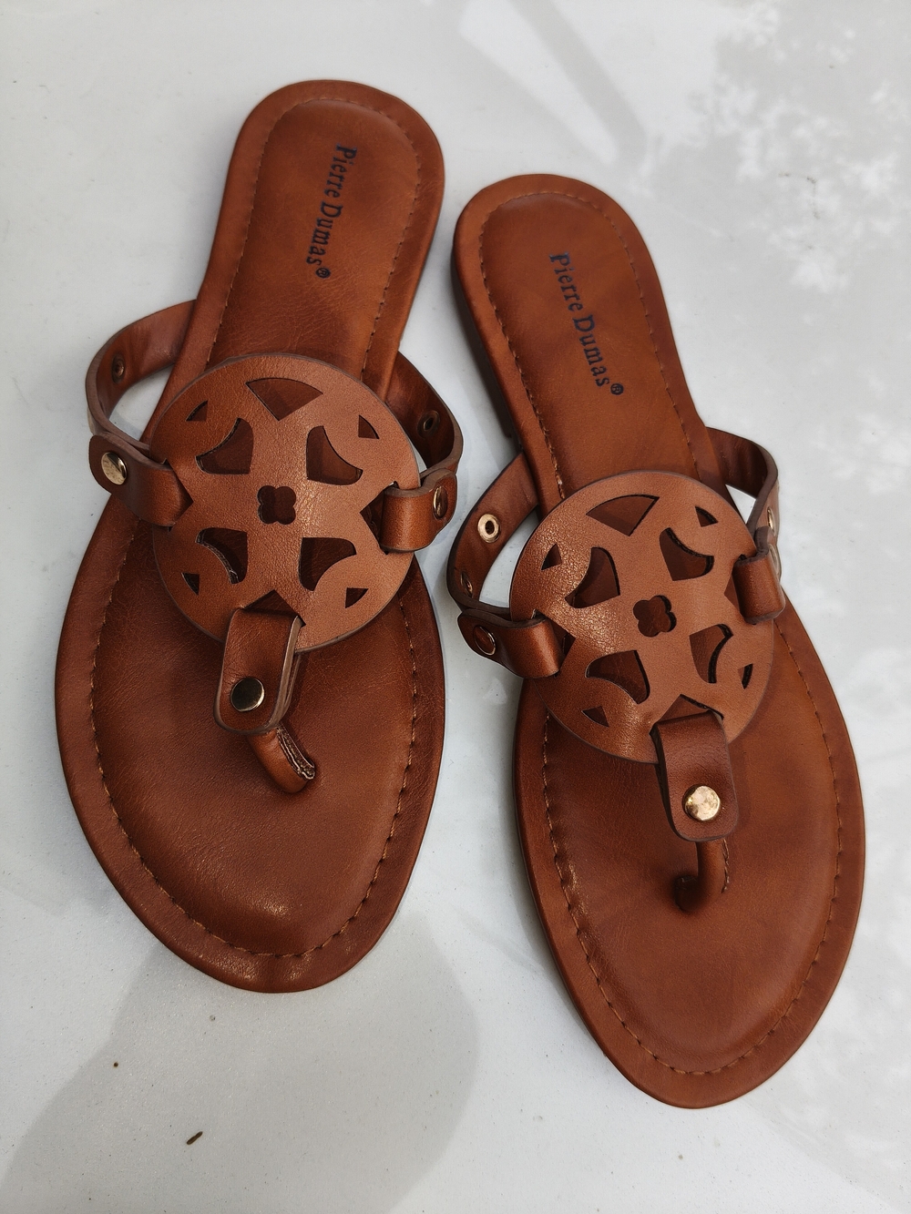 Pierre Dumas Women's Tan Cutout Medallion Thong Sandals